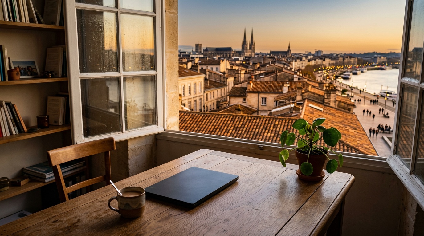 Bureau calme au crépuscule, ordinateur fermé et tasse de café refroidie, fenêtre donnant sur les toits de tuiles de Bordeaux.