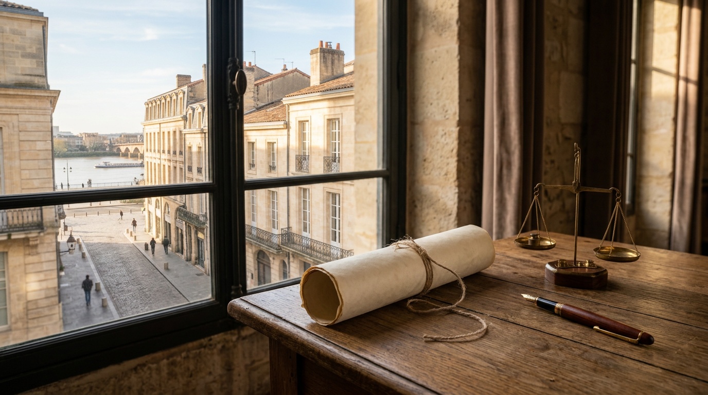 Un bail commercial posé sur un bureau en bois, avec un stylo et une balance, devant les façades en pierre de Bordeaux.