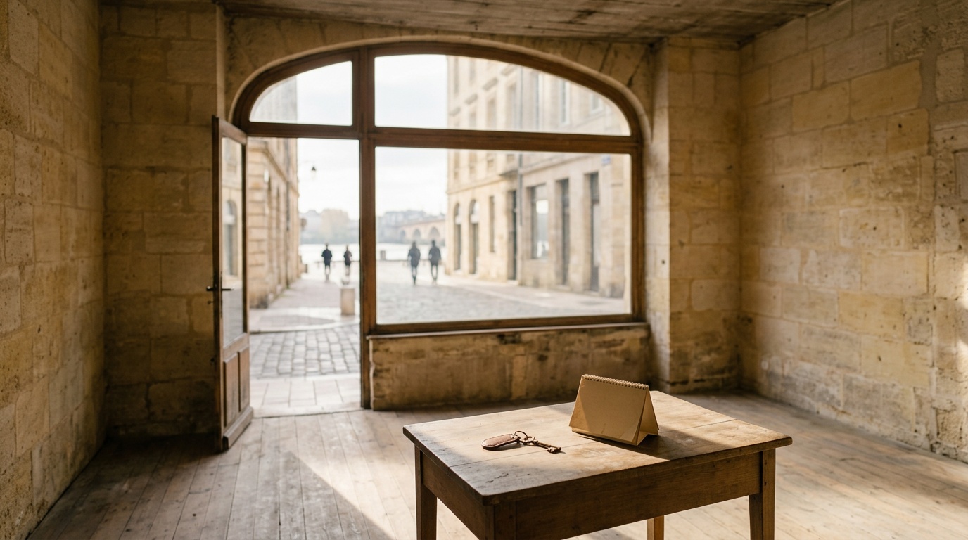 Devanture d'un petit local commercial en pierre de Bordeaux, avec une clé posée sur un bureau et un calendrier, évoquant un bail temporaire arrivant à échéance.