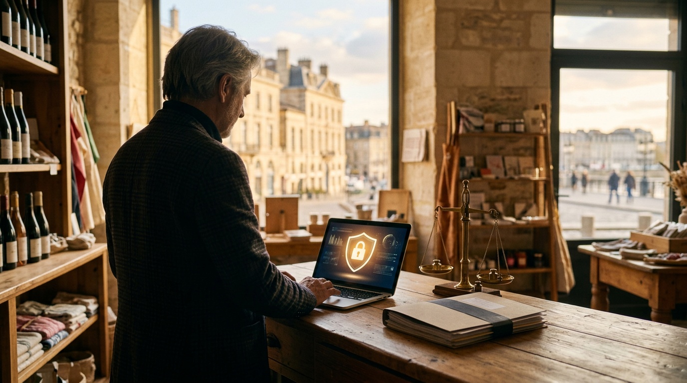Commerçant bordelais devant son ordinateur, avec bouclier et cadenas lumineux, symbolisant la conformité de l'IA et la protection des données en TPE.