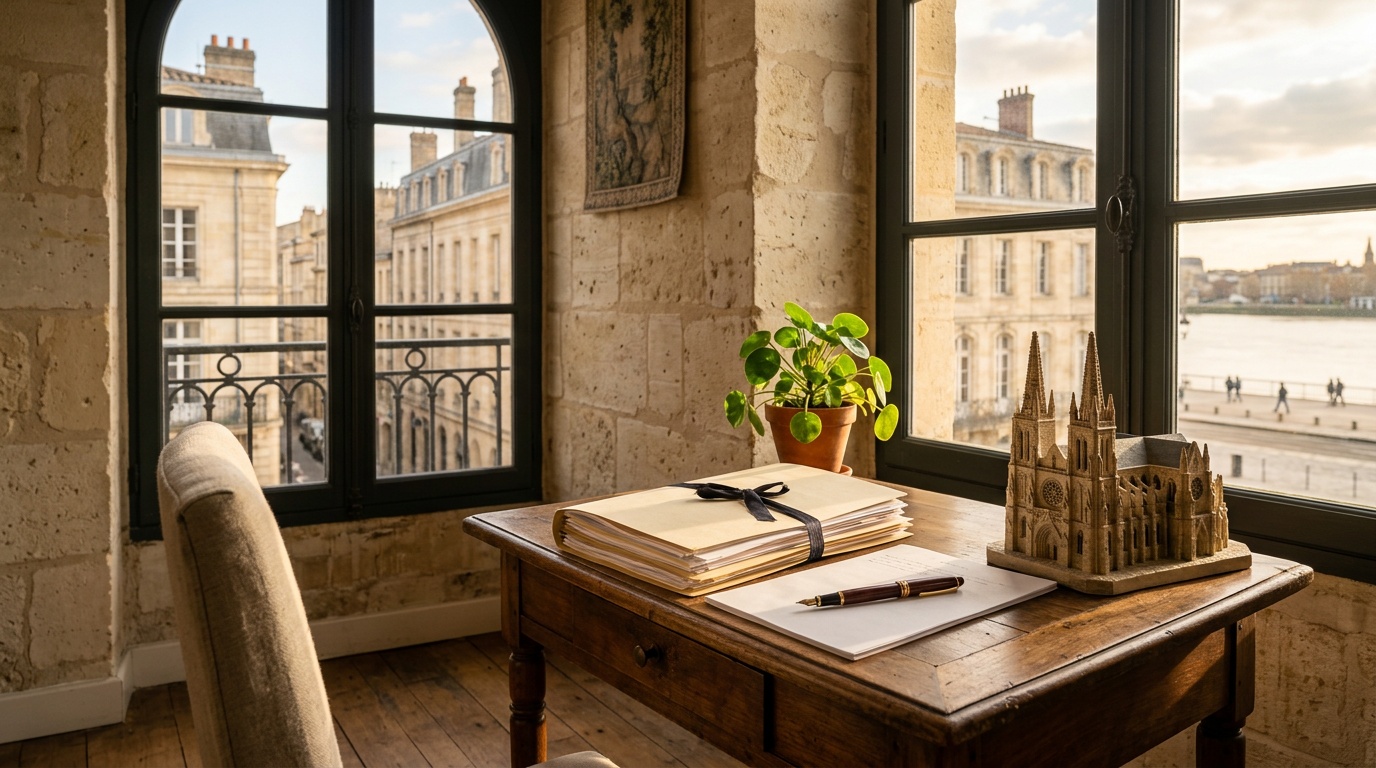 Bureau en bois éclairé par la lumière du soir, avec un dossier soigneusement rangé, un stylo plume et une maquette de cathédrale bordelaise.