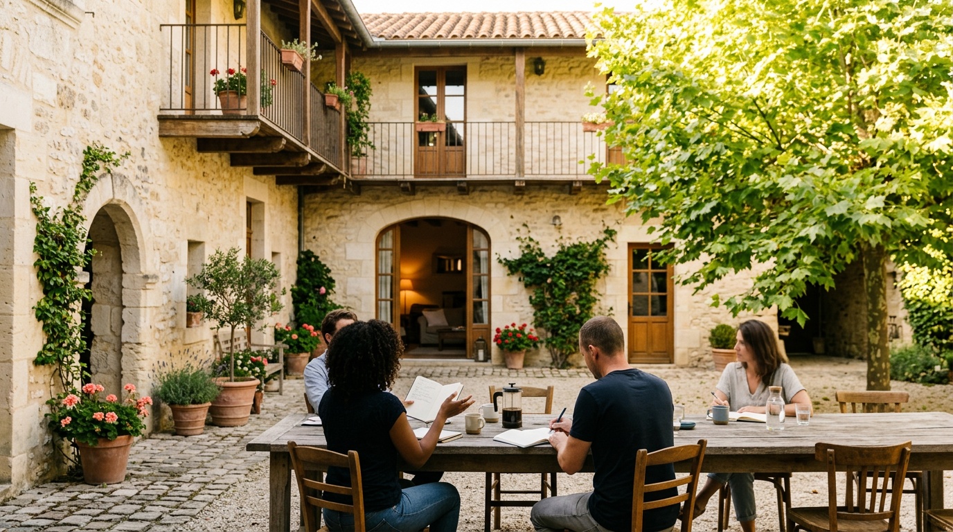 Des entrepreneurs réunis autour d'une table dans une cour lumineuse aux façades en pierre, à Bordeaux, échangeant autour d'un café.