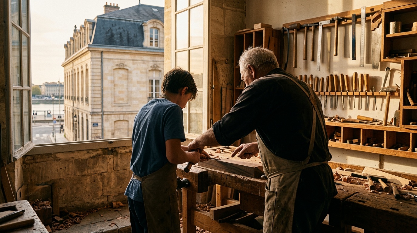 Un artisan expérimenté guide un jeune apprenti à son établissement de travail, dans un atelier lumineux aux façades de pierre bordelaises.