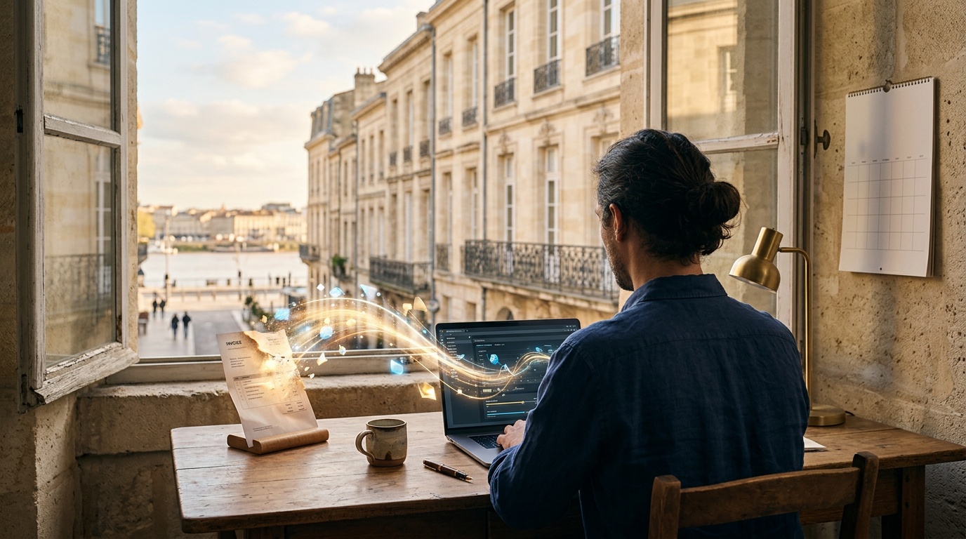 Bureau de TPE près d'une fenêtre donnant sur des façades en pierre, une facture papier se transforme en flux numérique lumineux vers un ordinateur portable.