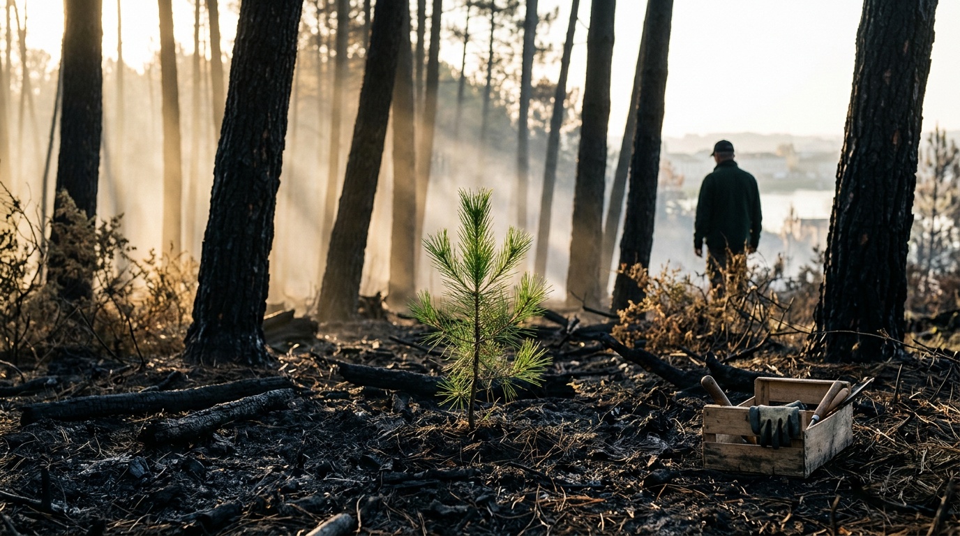 Jeune pousse verte qui sort d'un sol calciné dans une forêt de pins brûlée, avec une lumière douce de l'aube. Symbole de reprise après les incendies.