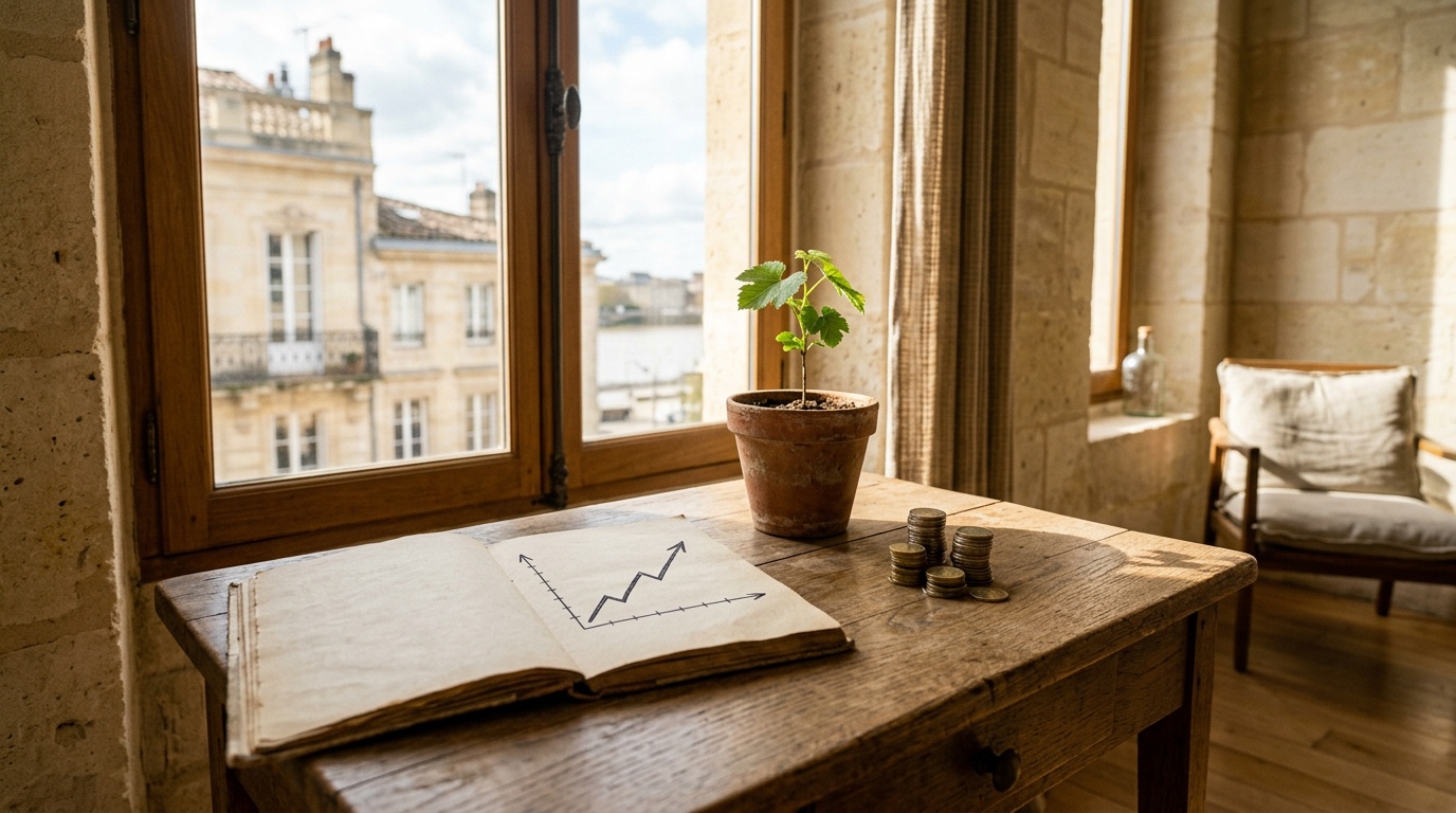 Bureau en bois éclairé par la lumière, avec carnet, pièces, plante et graphique, évoquant le financement d'un projet entrepreneurial en Gironde