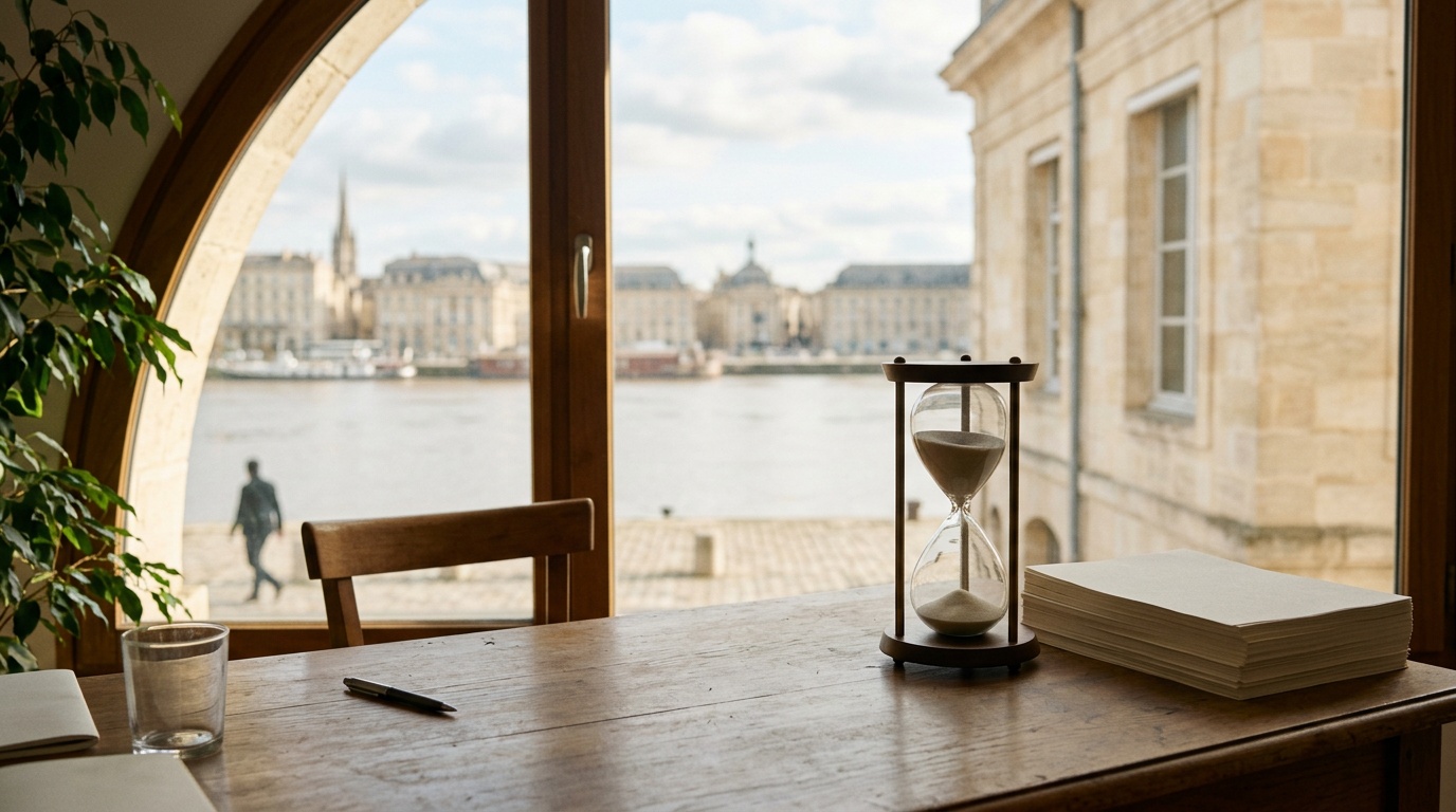 Bureau en bois avec une pile de factures vierges et un sablier, sur fond de façades en pierre claire de Bordeaux et de la Garonne.